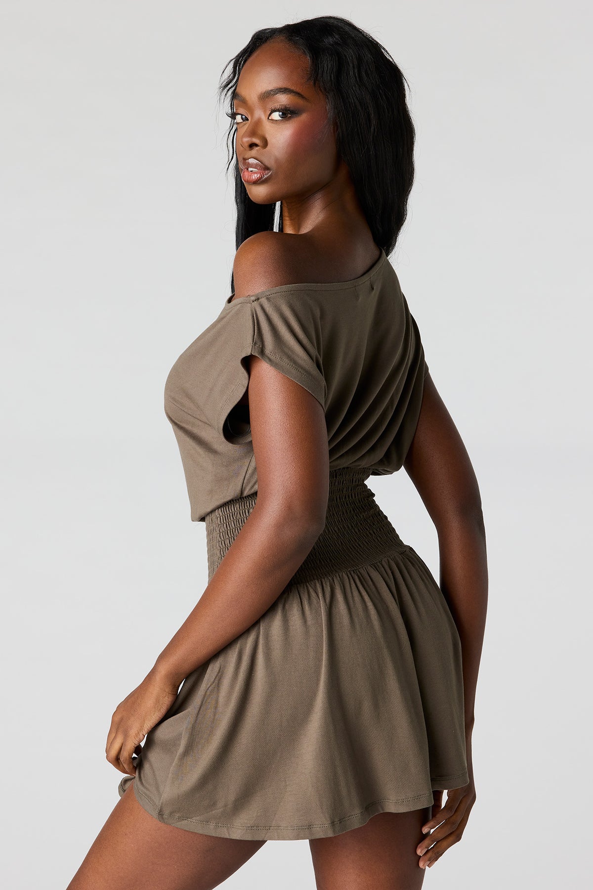 Alt View 2. Off-Shoulder Smocked Waist Mini Dress - Dark Green