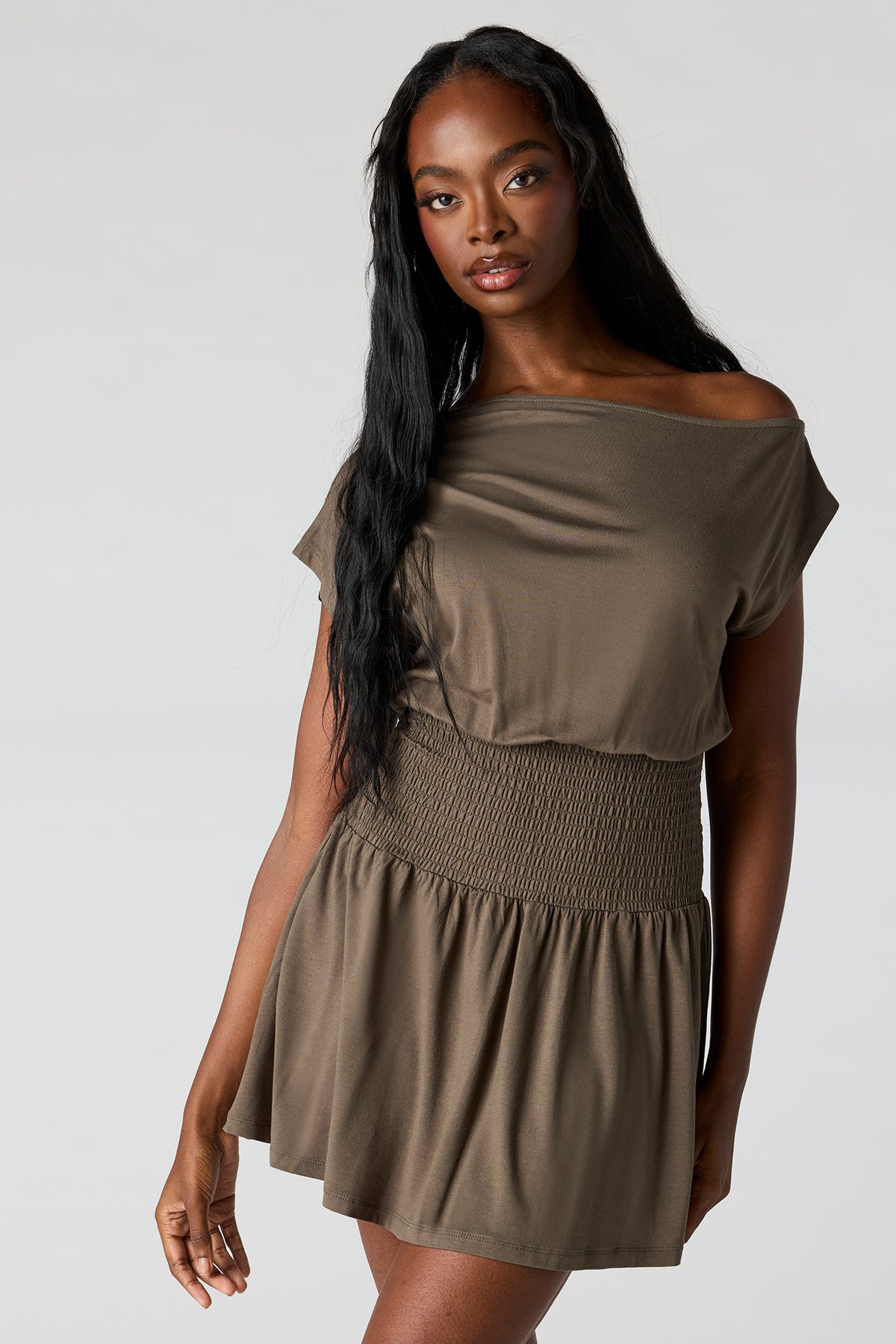 Off-Shoulder Smocked Waist Mini Dress - Dark Green
