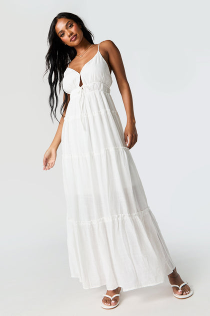 V-Neck Tie Front Tiered Maxi Dress