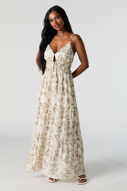 Floral Print V-Neck Tie Front Tiered Maxi Dress