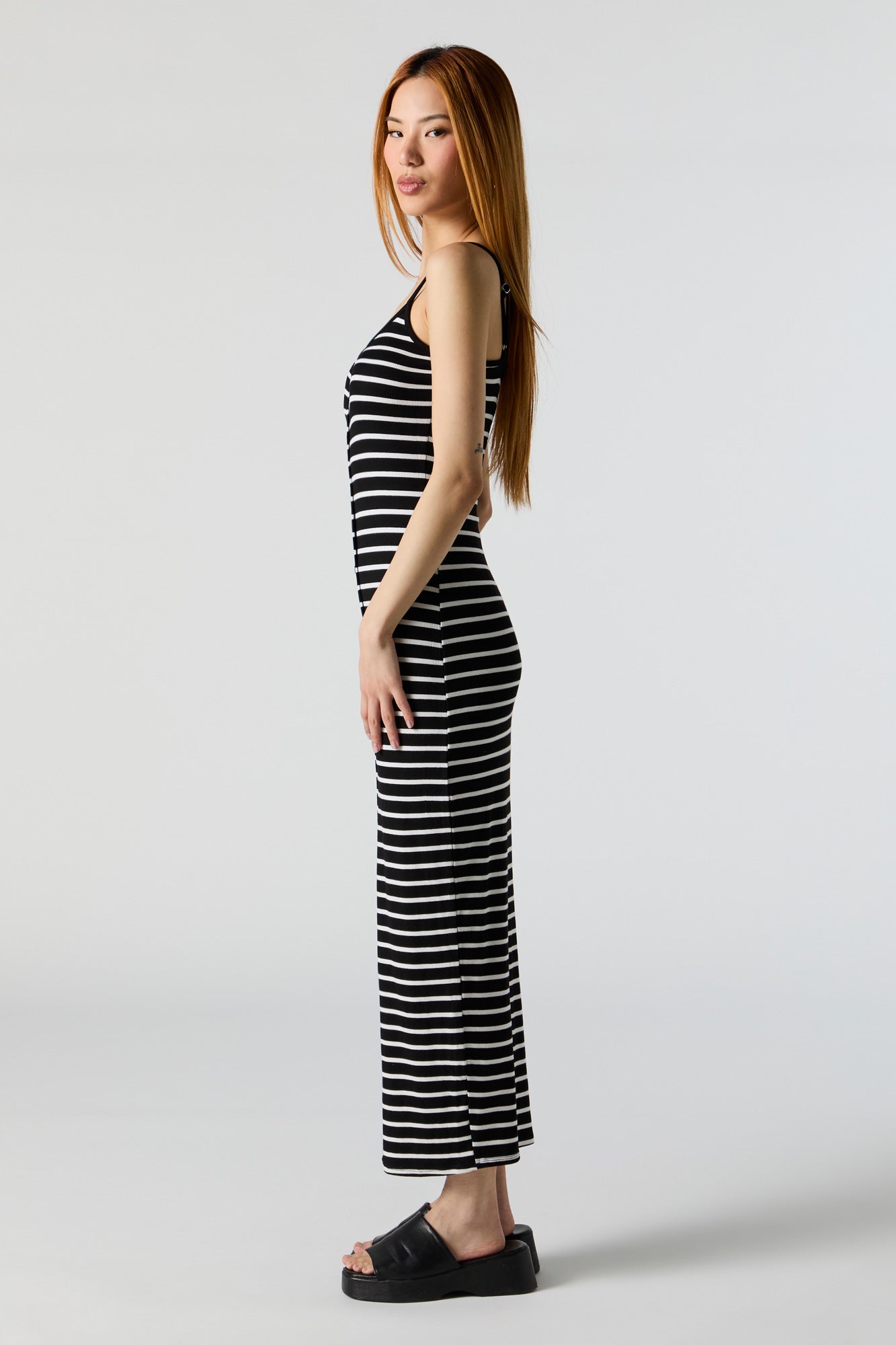 Striped Ribbed Button Front Bodycon Maxi Dress
