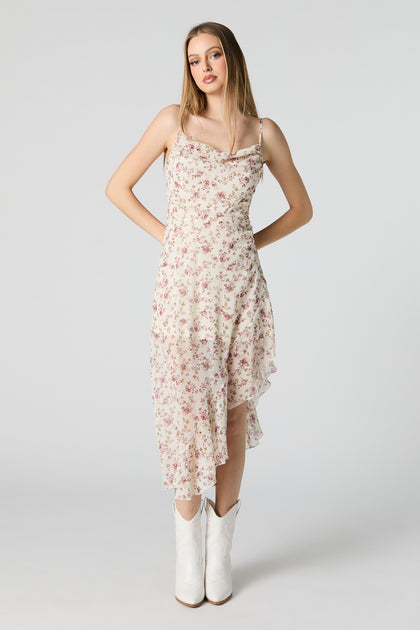 Chiffon Floral Cowl Neck Asymmetrical Midi Dress