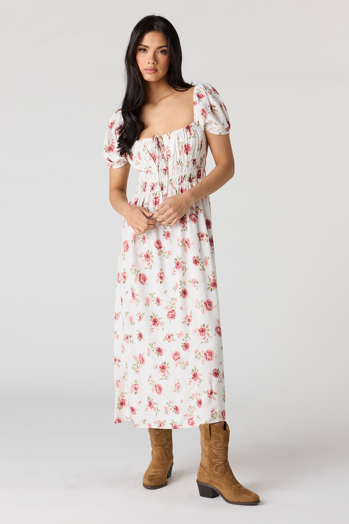 Floral Puff Sleeve Midi Dress - White