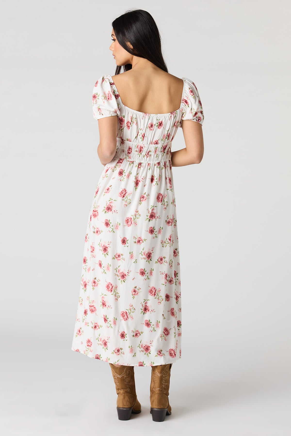 Alt View 3. Floral Puff Sleeve Midi Dress - White
