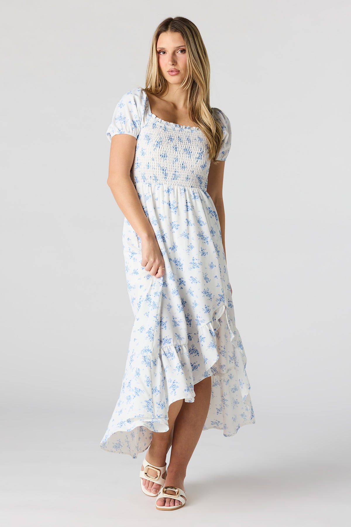 Floral Print Smocked High-Low Dress - White