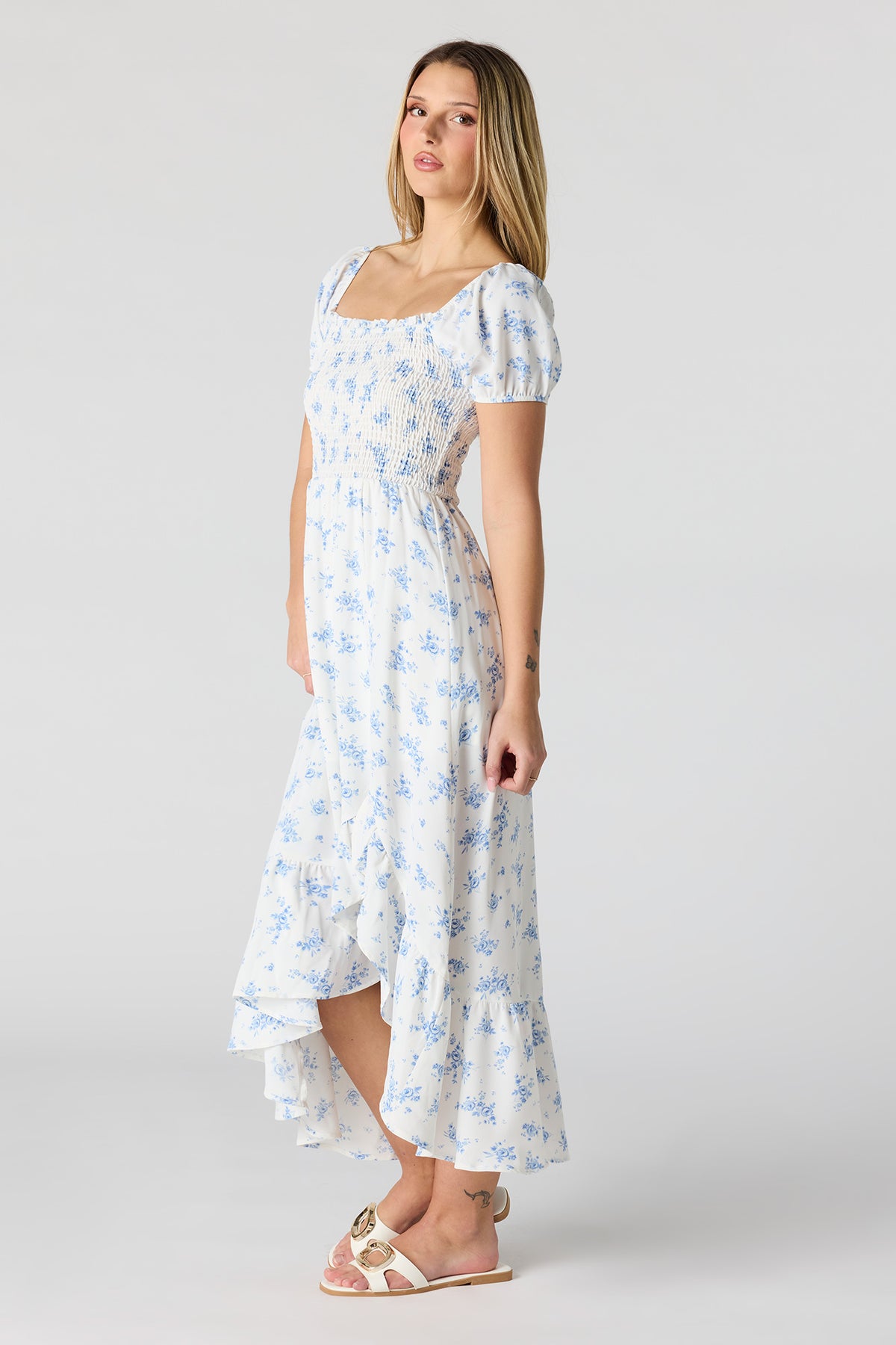 Alt View 2. Floral Print Smocked High-Low Dress - White