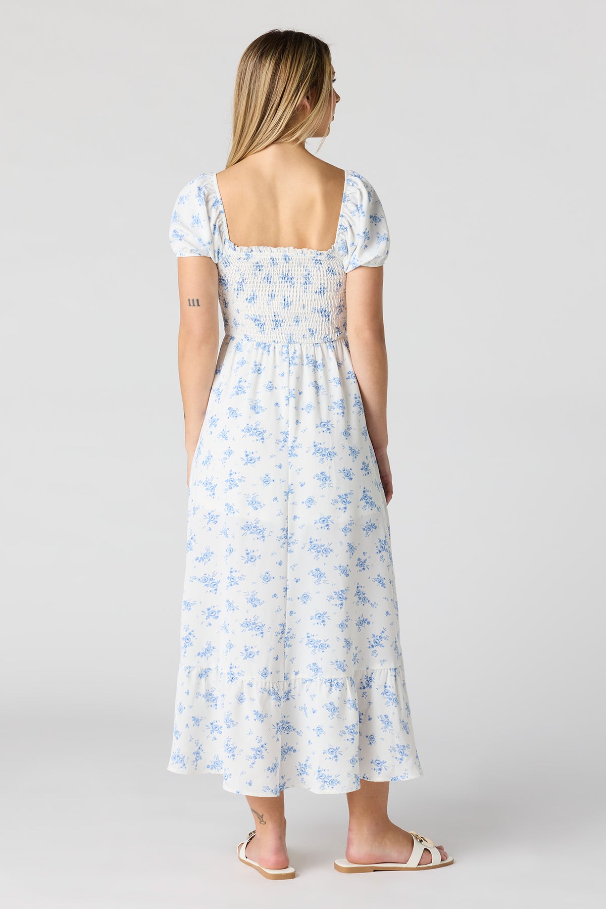 Alt View 3. Floral Print Smocked High-Low Dress - White