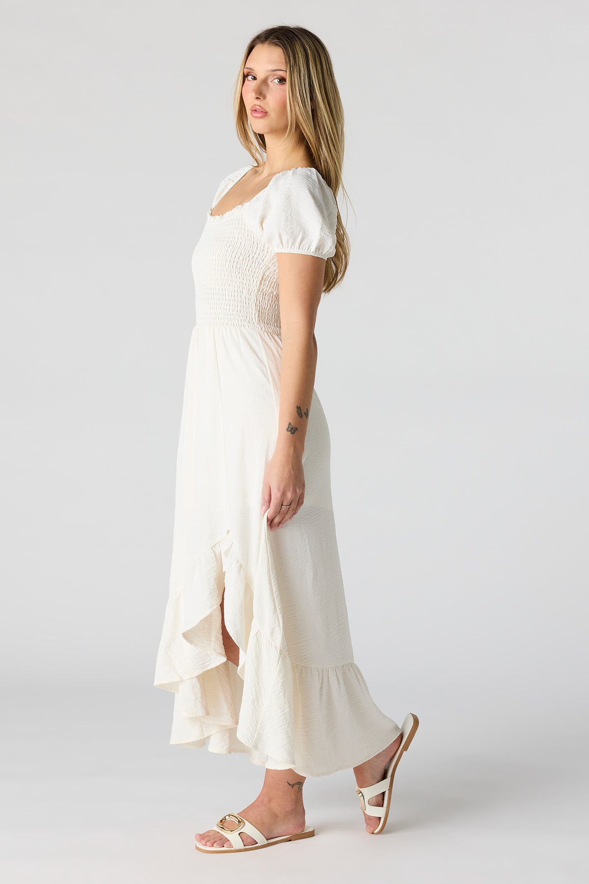 Alt View 2. Floral Print Smocked High-Low Dress - Cream