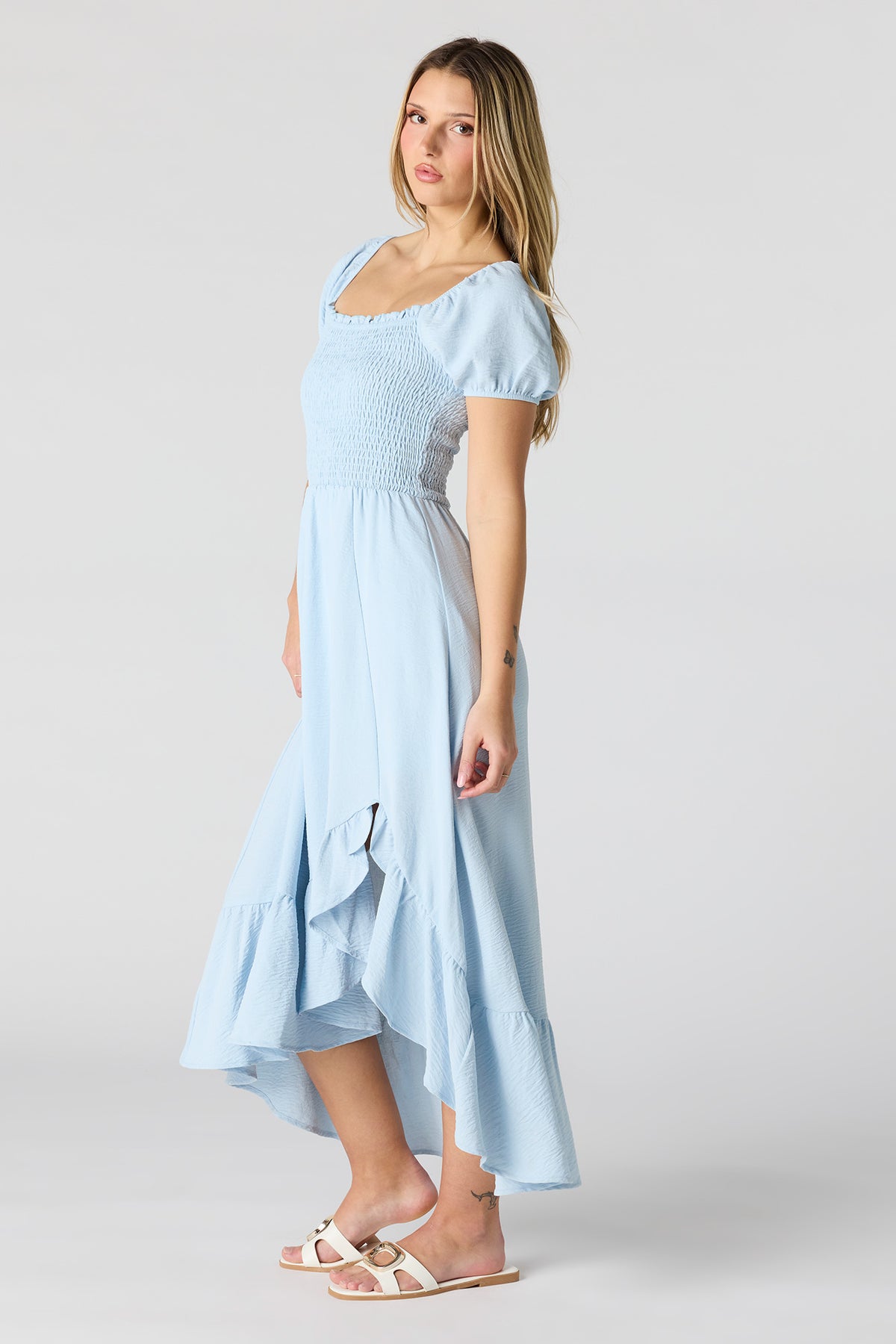 Alt View 2. Floral Print Smocked High-Low Dress - Blue