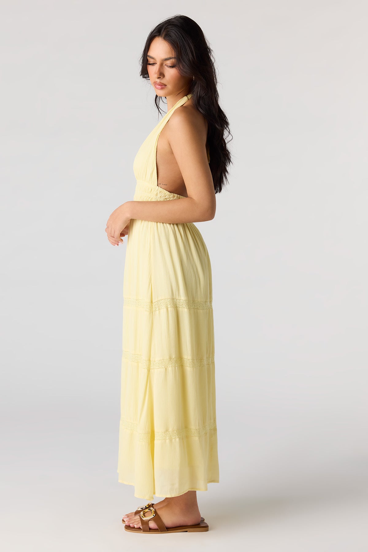Alt View 2. Lace Trim Halter Maxi Dress - Yellow