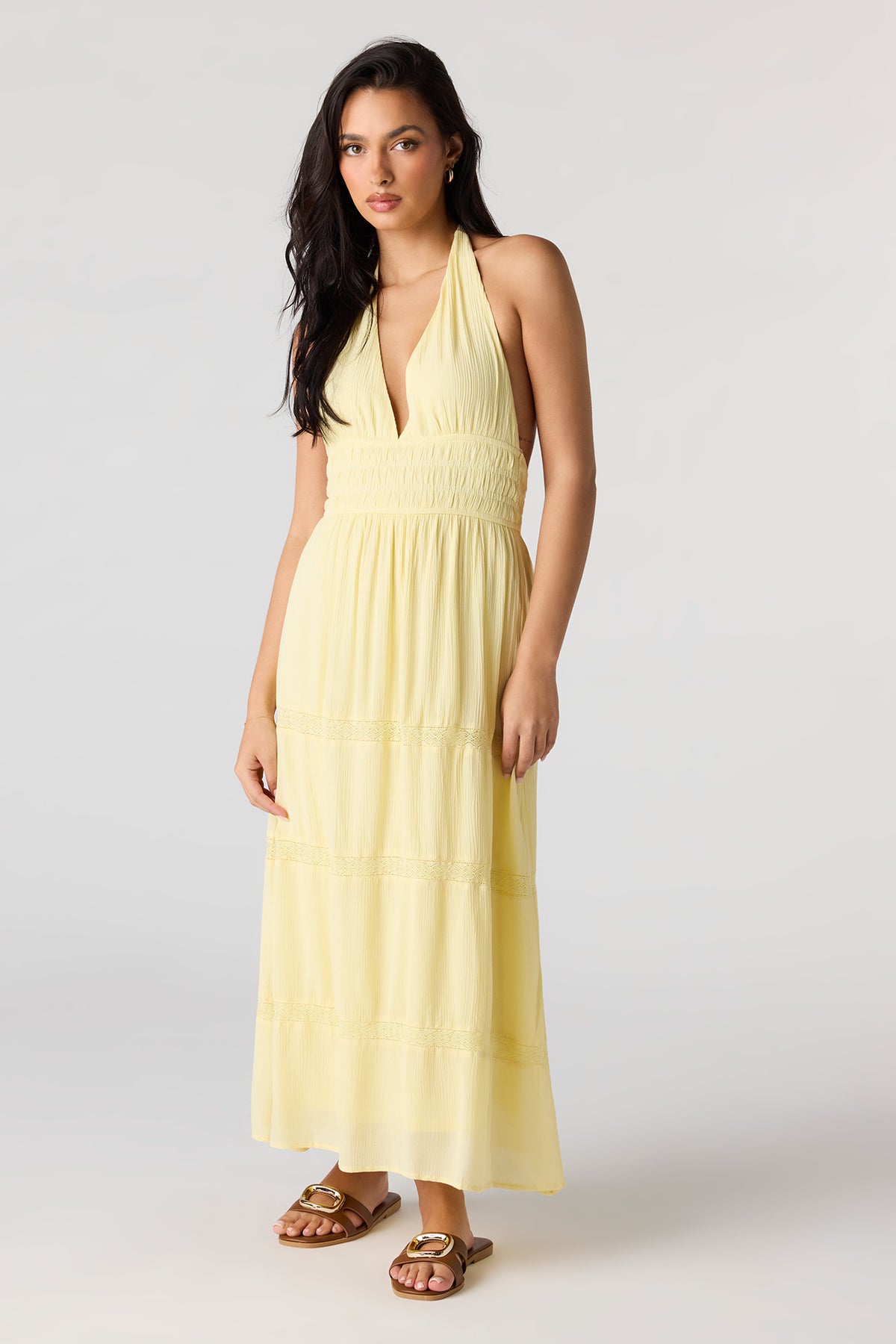 Lace Trim Halter Maxi Dress - Yellow
