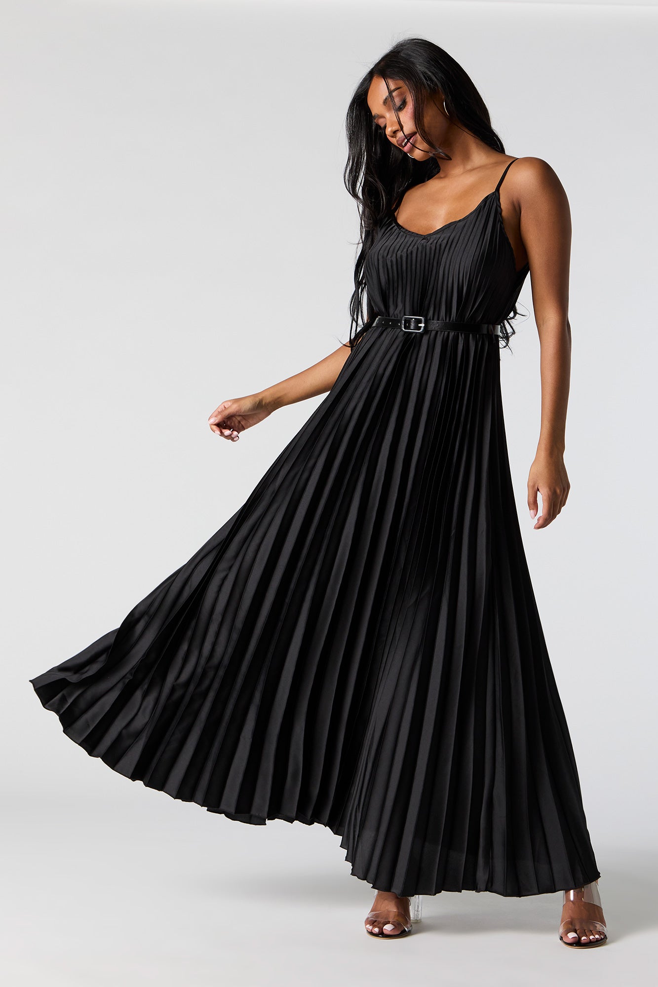 Satin Pleated Belted Maxi Dress