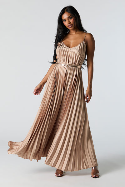 Satin Pleated Belted Maxi Dress – Urban Planet