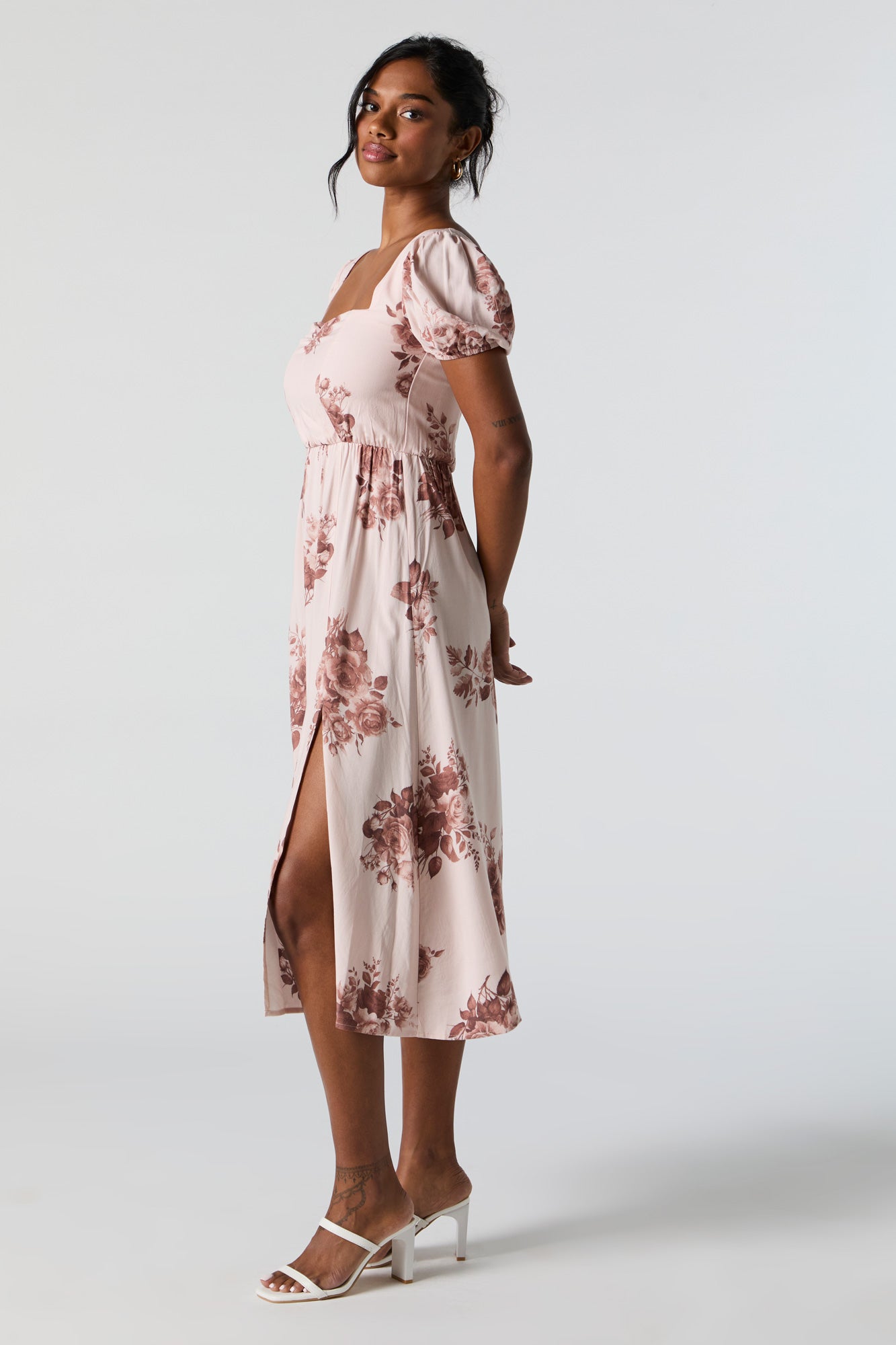 Rose Print Sweetheart Puff Sleeve Midi Dress