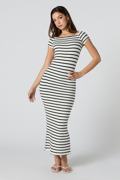 Striped Ribbed Off Shoulder Maxi Dress