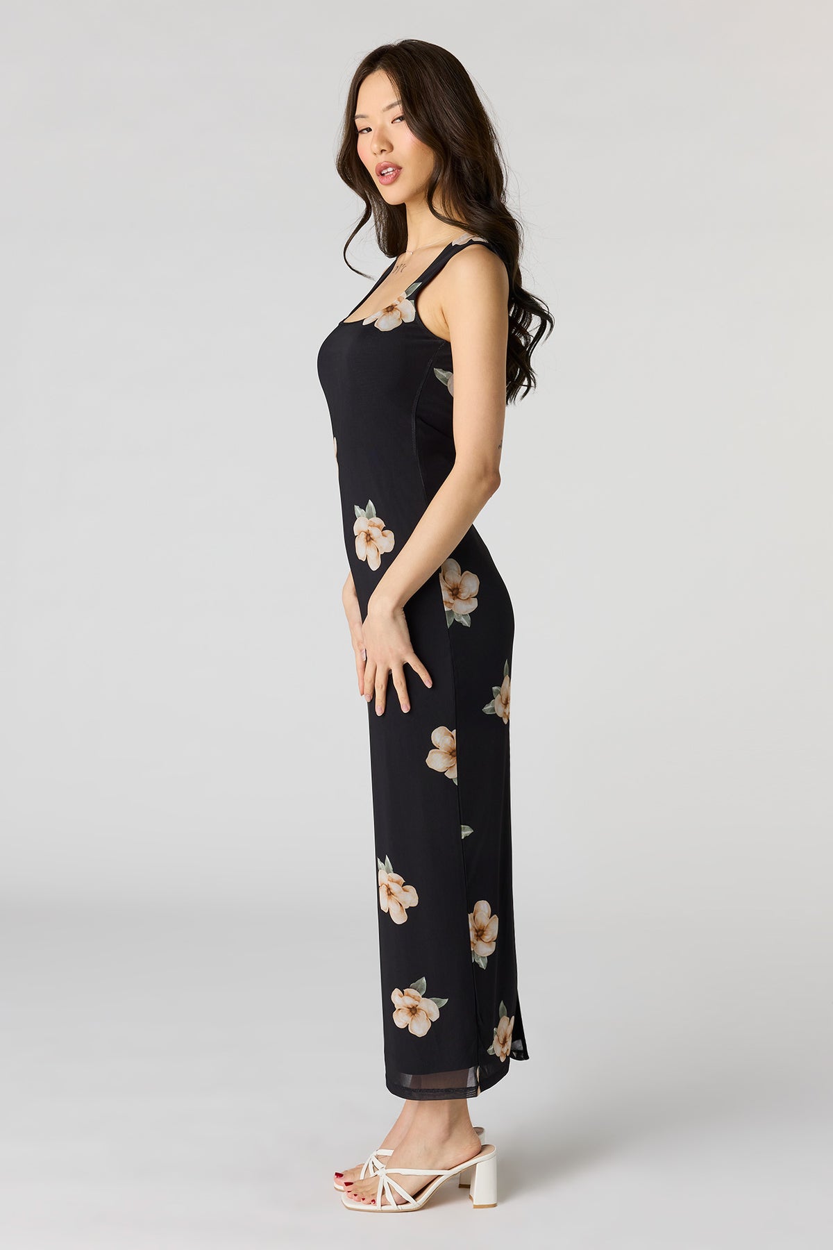 Alt View 2. Floral Mesh Square Neck Maxi Dress - Black
