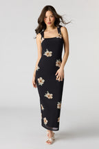 Floral Mesh Square Neck Maxi Dress