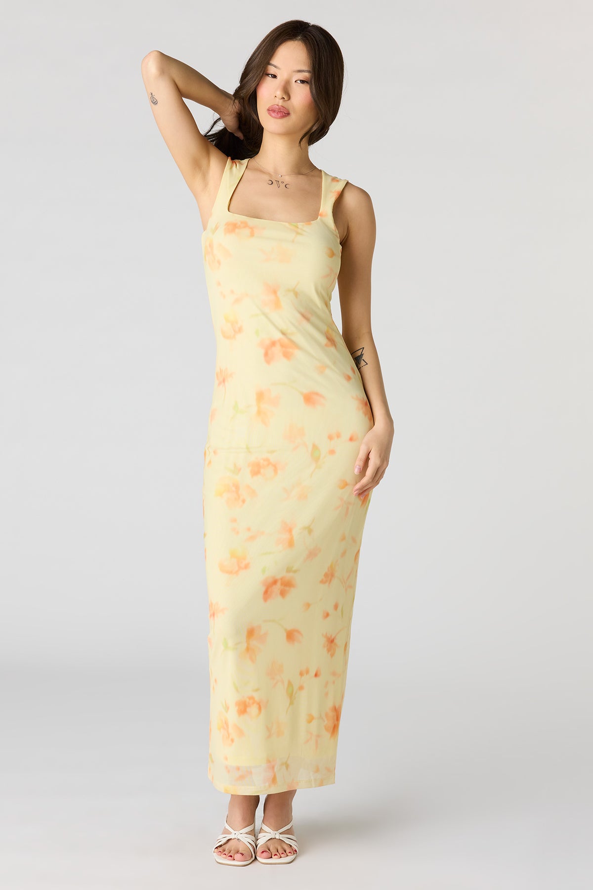 Floral Mesh Square Neck Maxi Dress - Pale Yellow