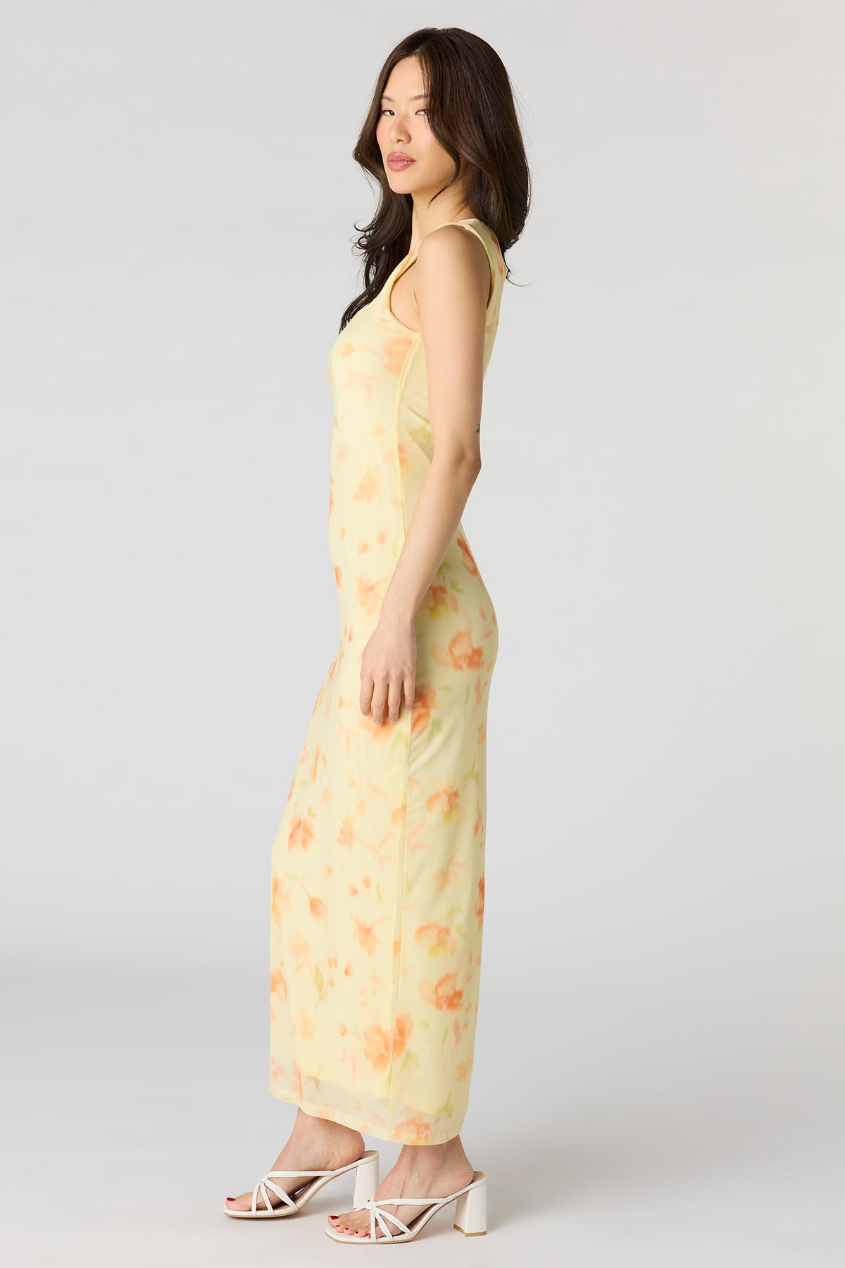 Alt View 2. Floral Mesh Square Neck Maxi Dress - Pale Yellow