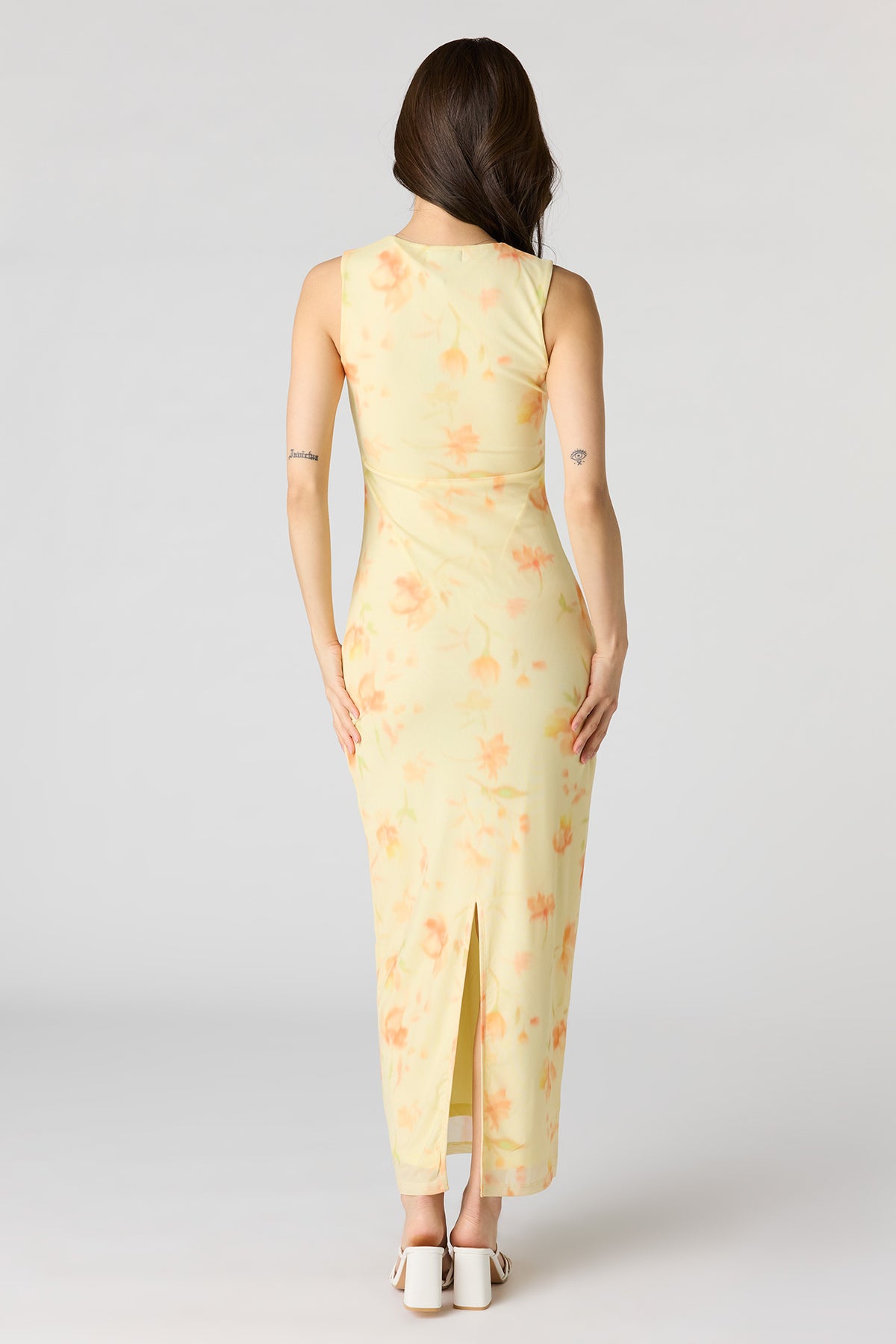Alt View 3. Floral Mesh Square Neck Maxi Dress - Pale Yellow