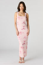 Robe maxi en filet à imprimé floral et encolure carrée