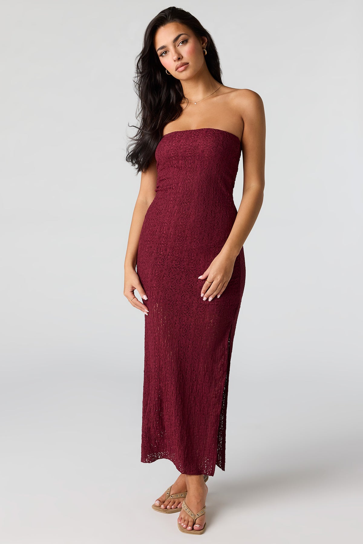 Lace Maxi Tube Dress - Burgundy