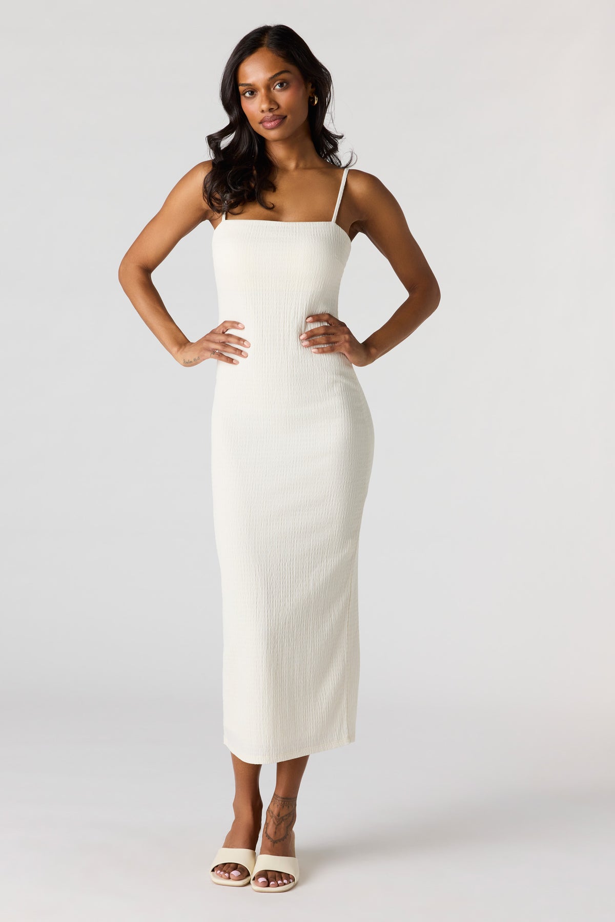 Braless Textured Midi Dress - Cream