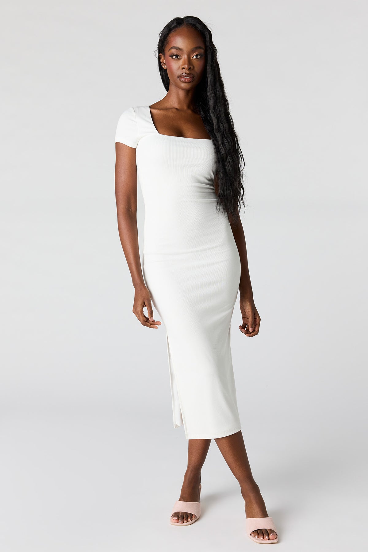 Ribbed Square Neck Bodycon Midi Dress - White