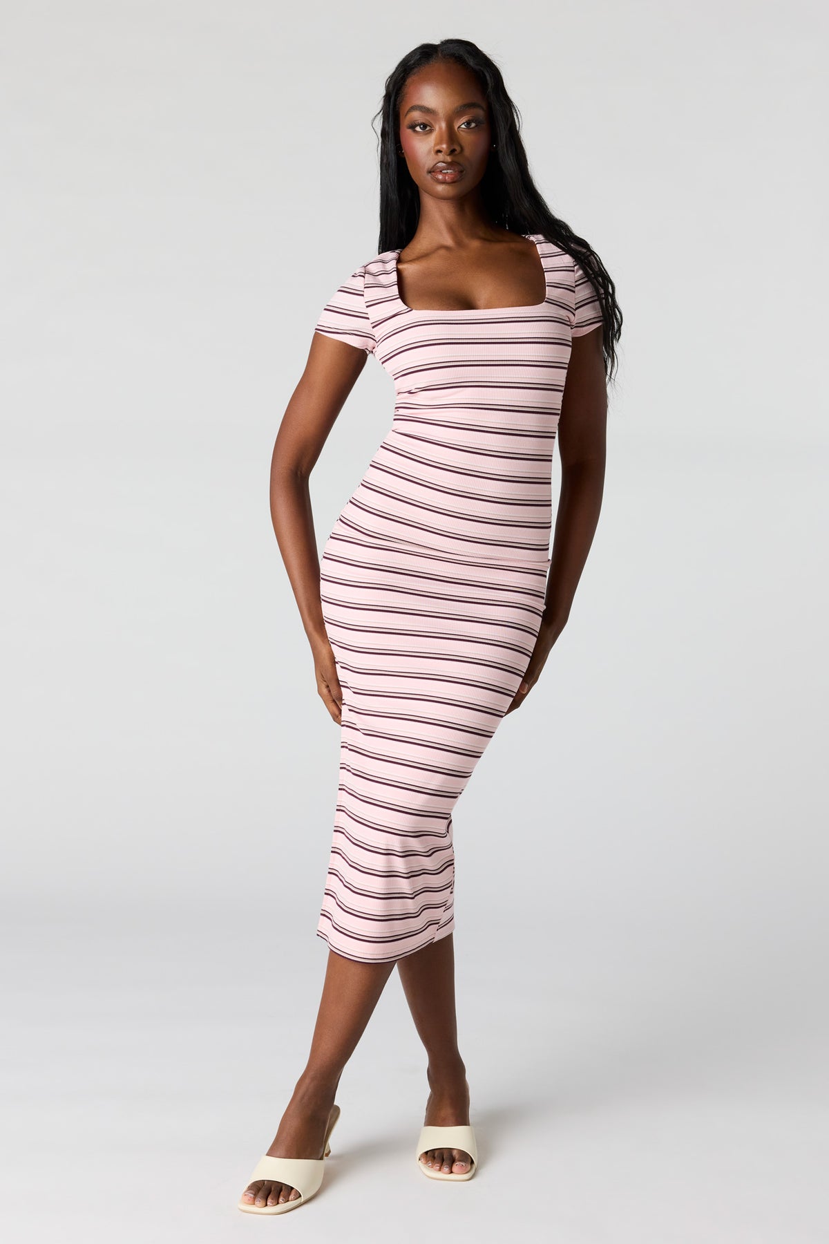 Ribbed Square Neck Bodycon Midi Dress - Pink