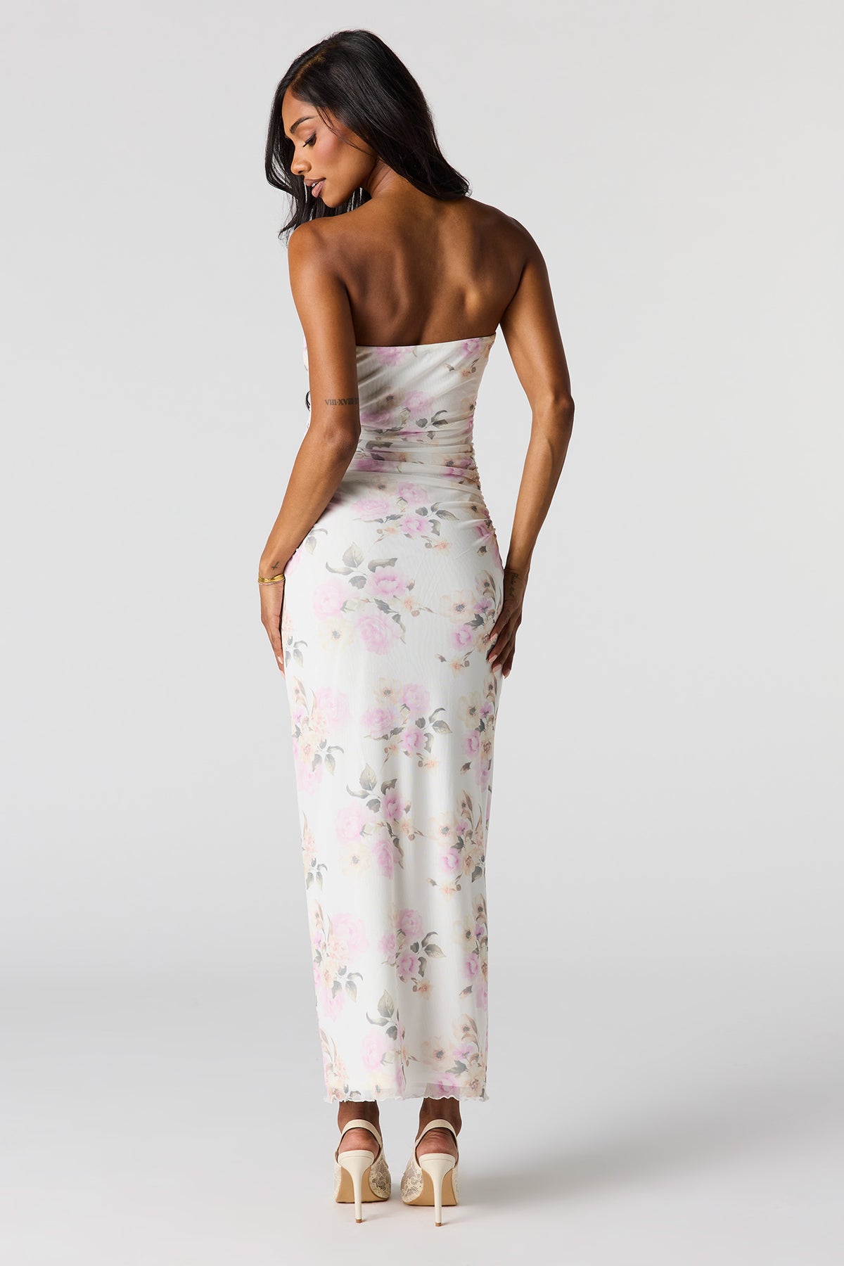 Alt View 3. Mesh Ruched Tube Maxi Dress - Natural