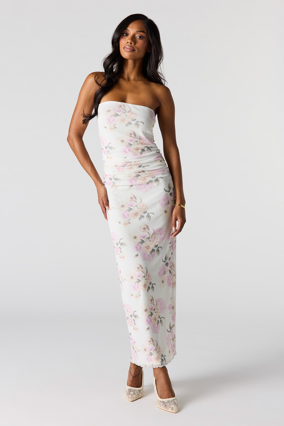 Mesh Ruched Tube Maxi Dress - Natural