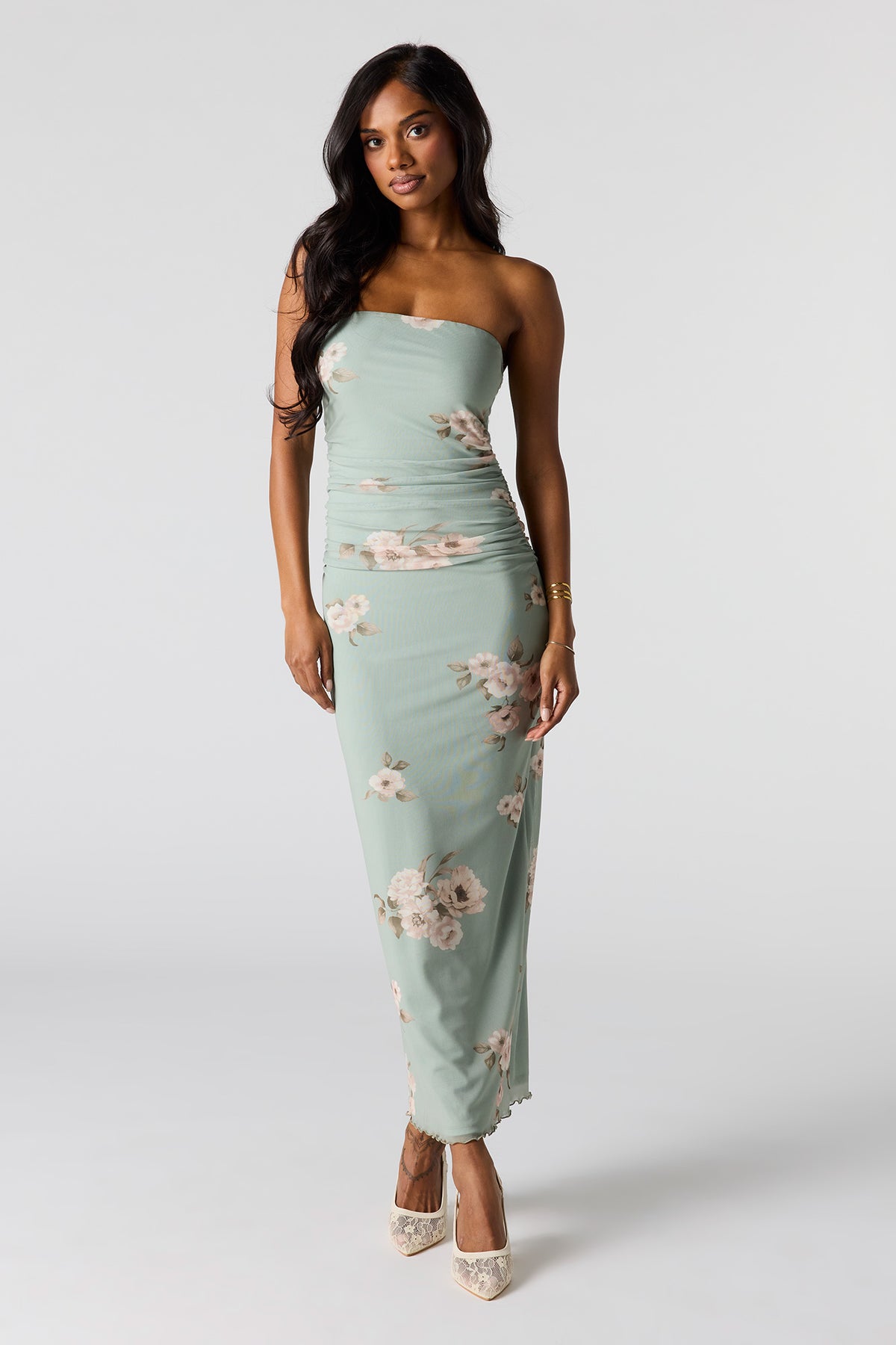 Mesh Ruched Tube Maxi Dress - Sage