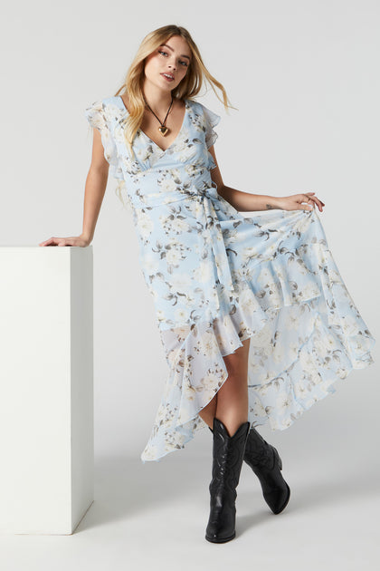 Blue Floral Print Self Tie High-Low Midi Dress