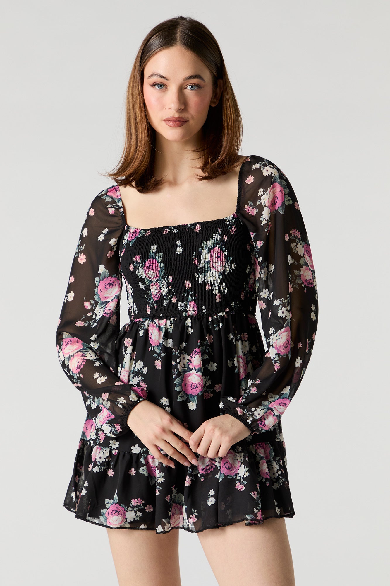 Floral Chiffon Smocked Long Sleeve Mini Dress – Urban Planet