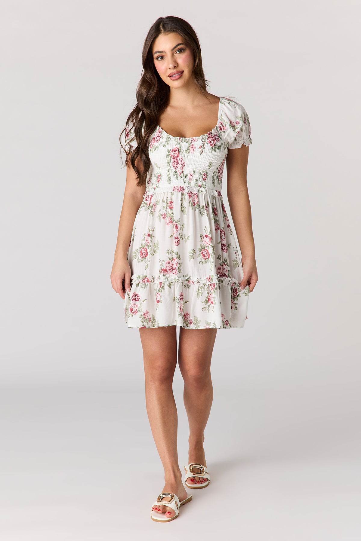 Alt View 3. Floral Smocked Mini Dress - Off White