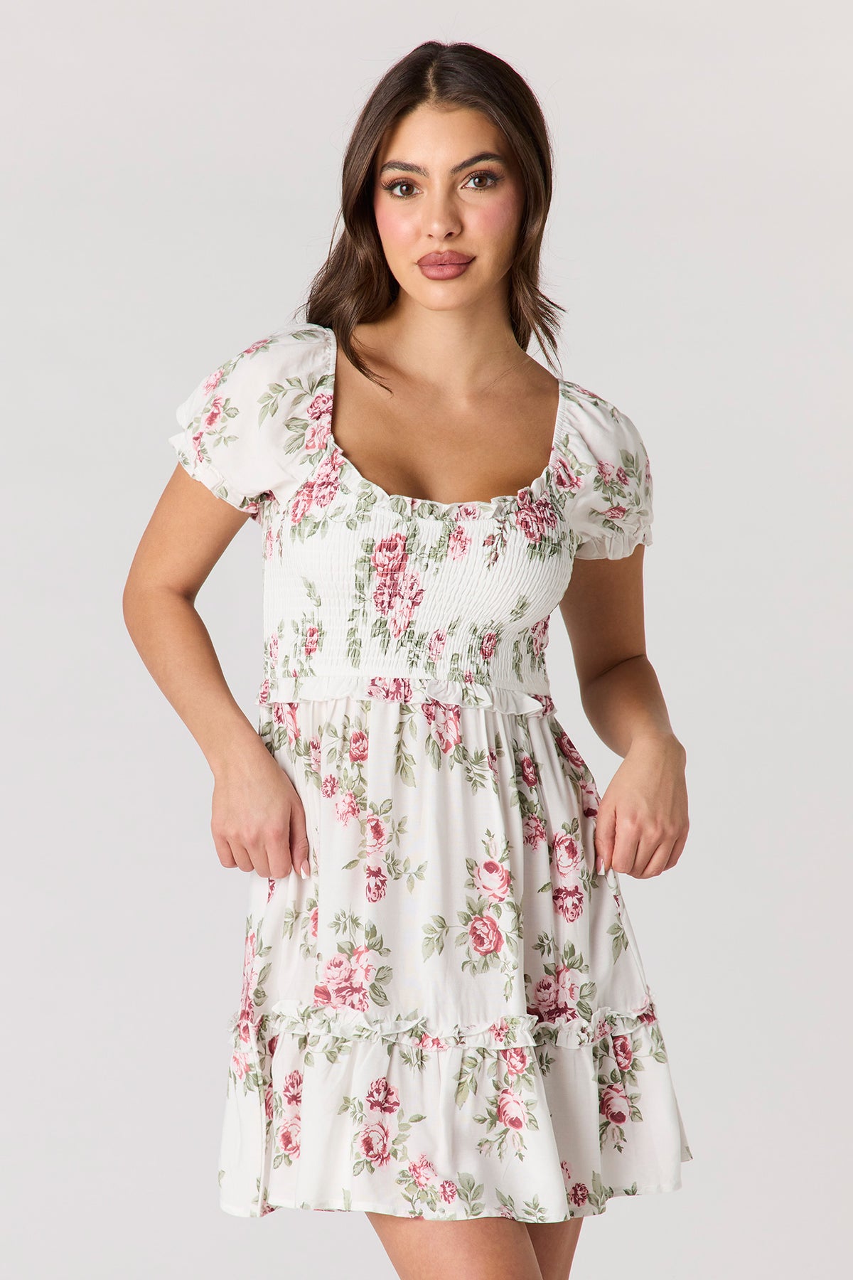 Floral Smocked Mini Dress - Off White