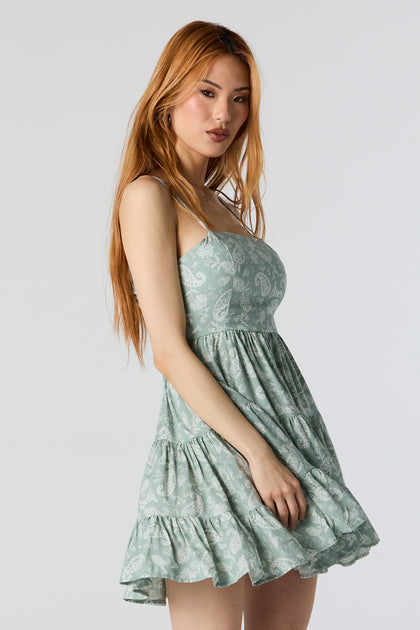 Green Floral Tiered Mini Dress with Built In Bra Cups