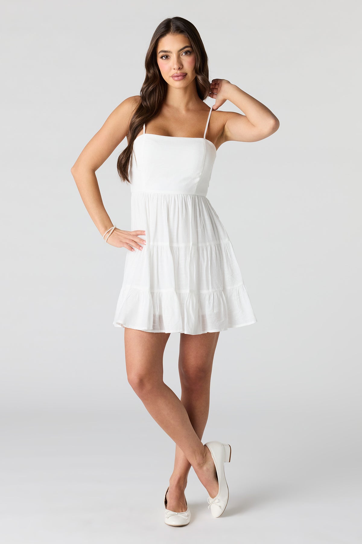 Alt View 3. Braless Tie Back Tiered Mini Dress - White