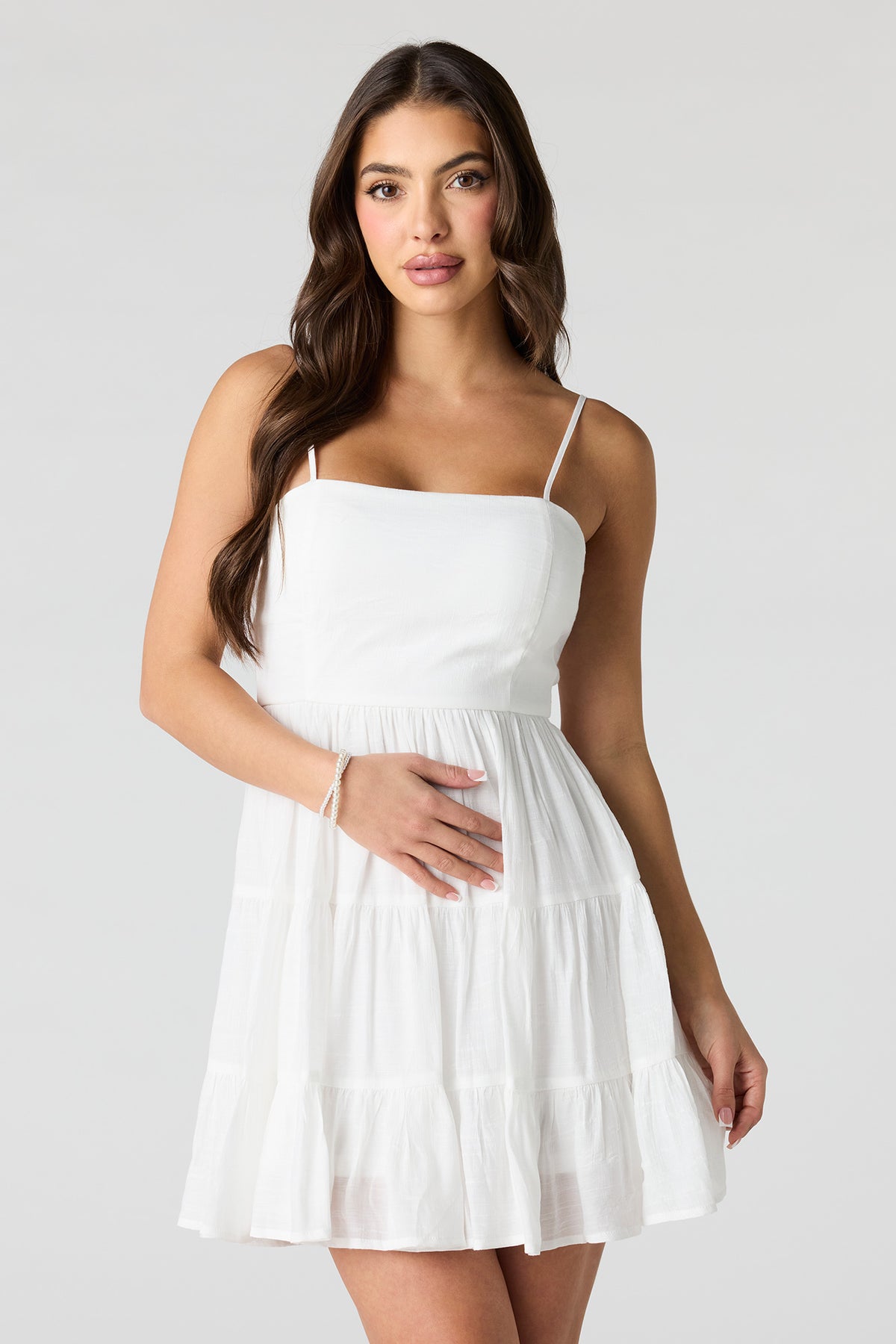 Braless Tie Back Tiered Mini Dress - White
