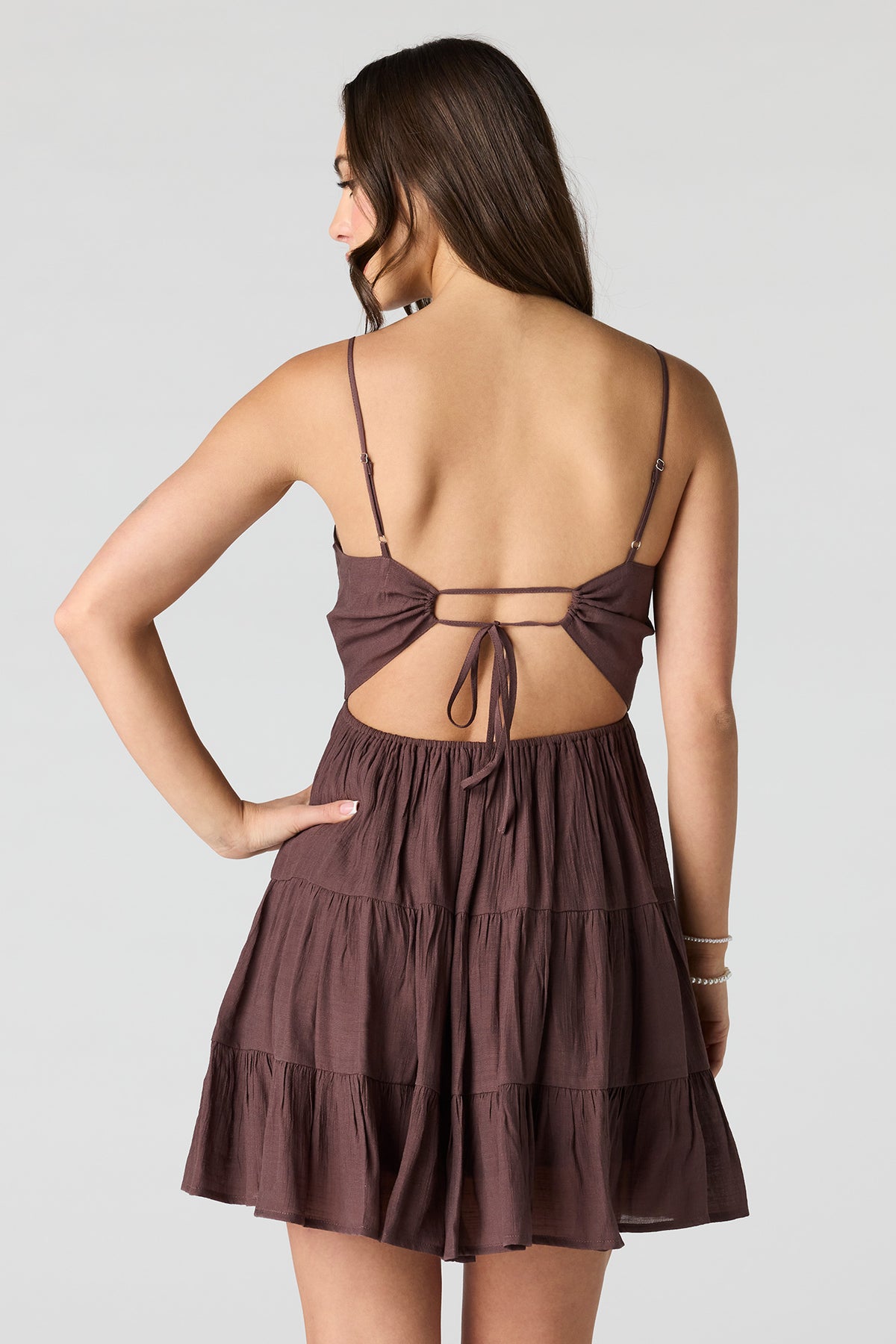 Alt View 2. Braless Tie Back Tiered Mini Dress - Brown