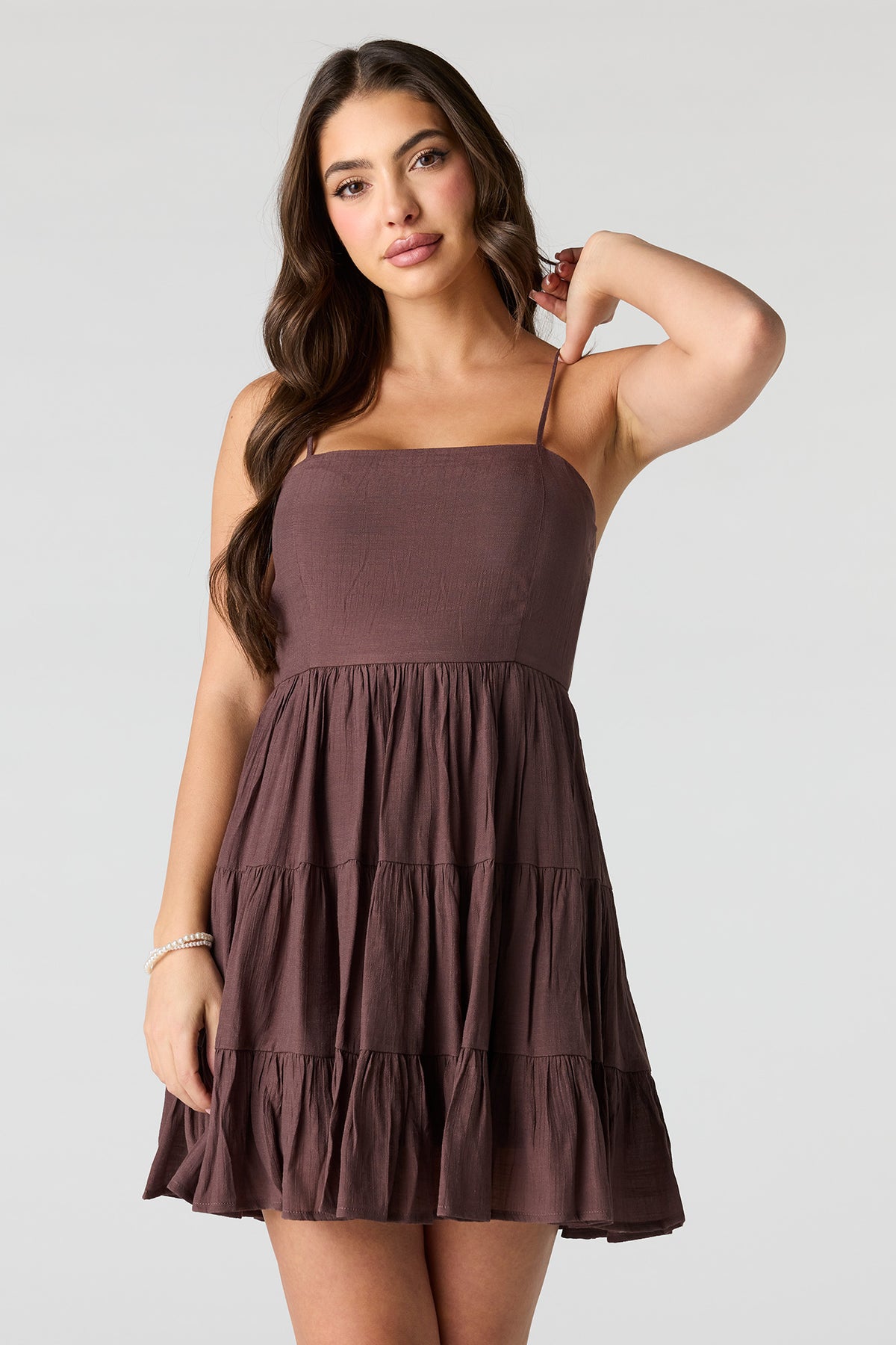 Braless Tie Back Tiered Mini Dress - Brown