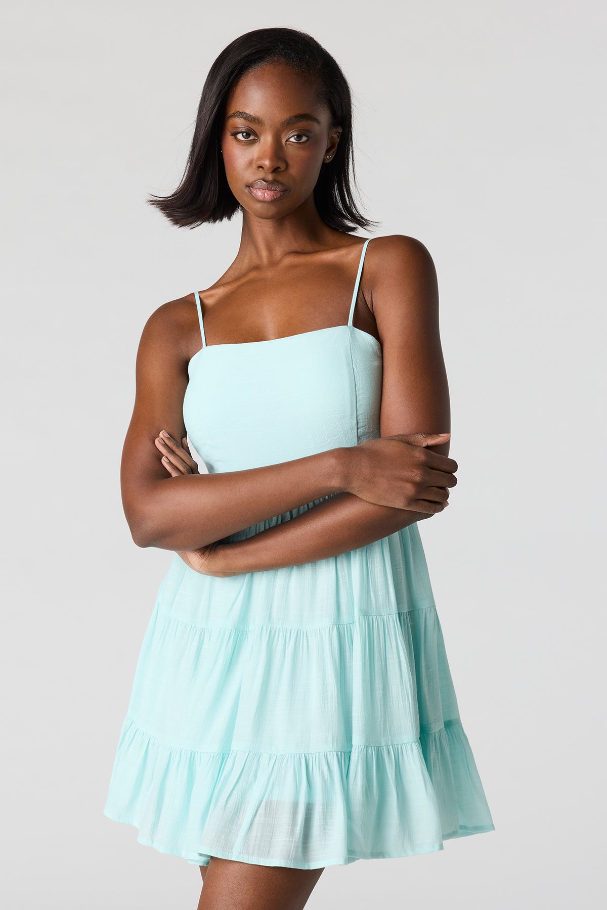 Braless Tie Back Tiered Mini Dress - Aqua
