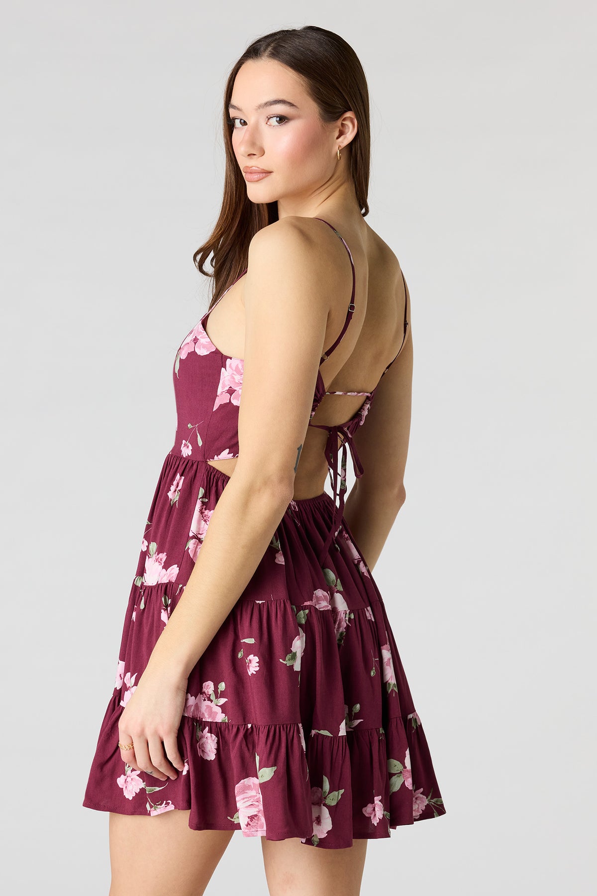 Alt View 2. Floral Printed Tiered Mini Dress - Dark Red