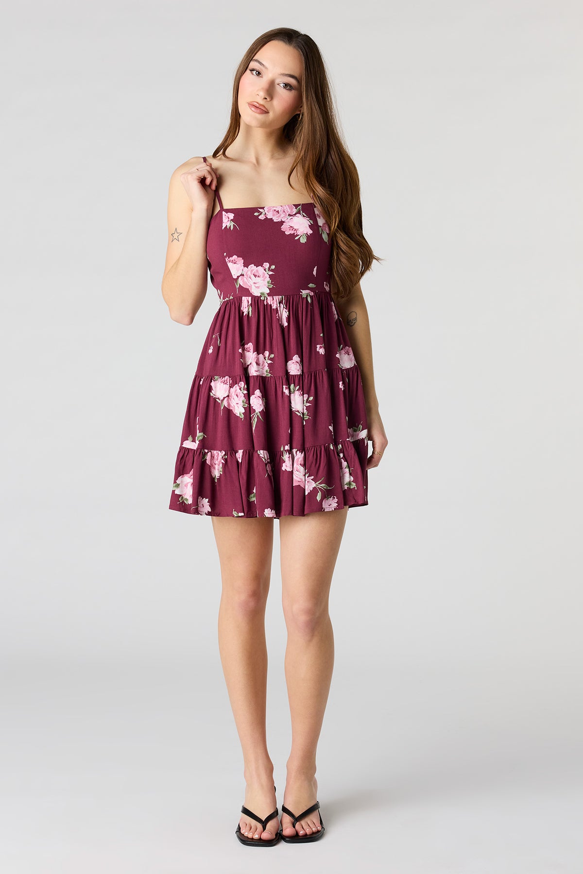 Alt View 3. Floral Printed Tiered Mini Dress - Dark Red