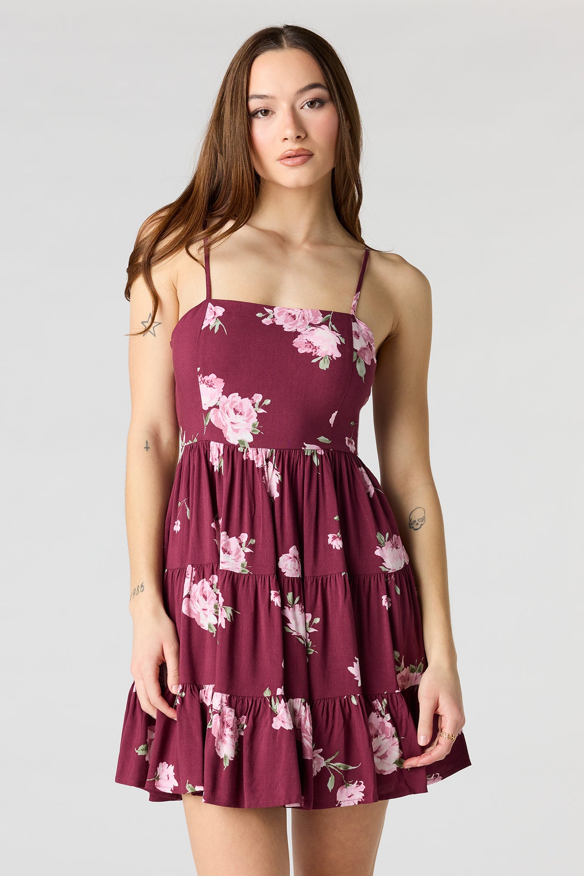 Floral Printed Tiered Mini Dress - Dark Red