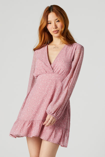 Pink Floral Chiffon Surplice Long Sleeve Mini Dress