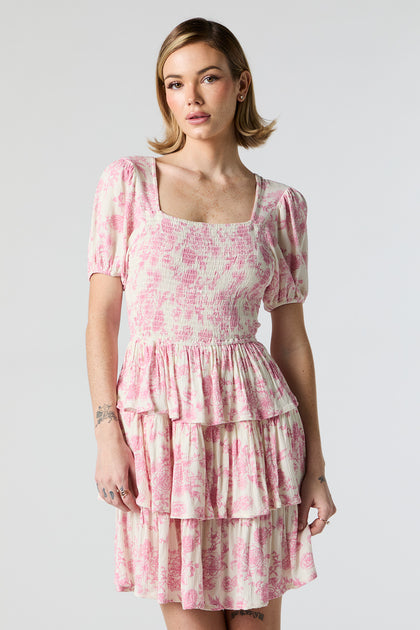 Pink Floral Smocked Tiered Mini Dress