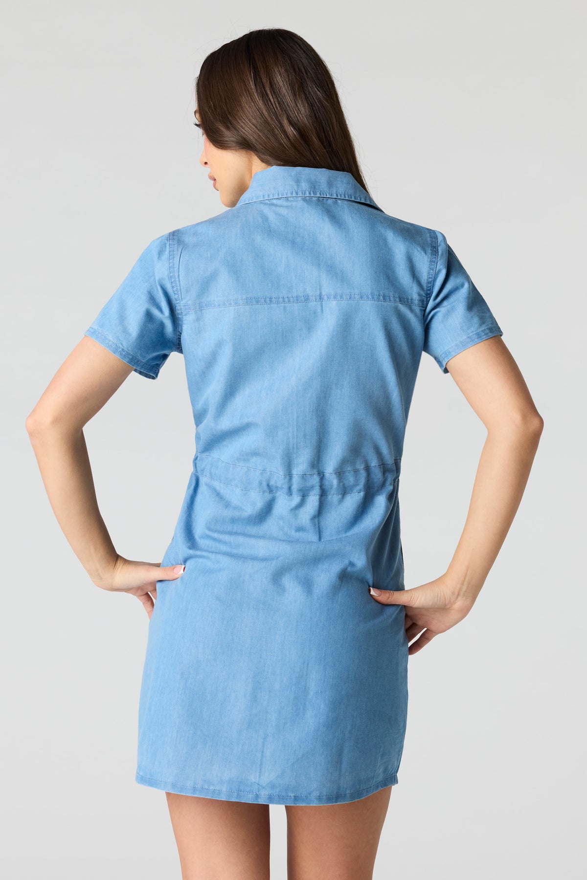Alt View 2. Denim Button Front Mini T-Shirt Dress - Light Denim Blue