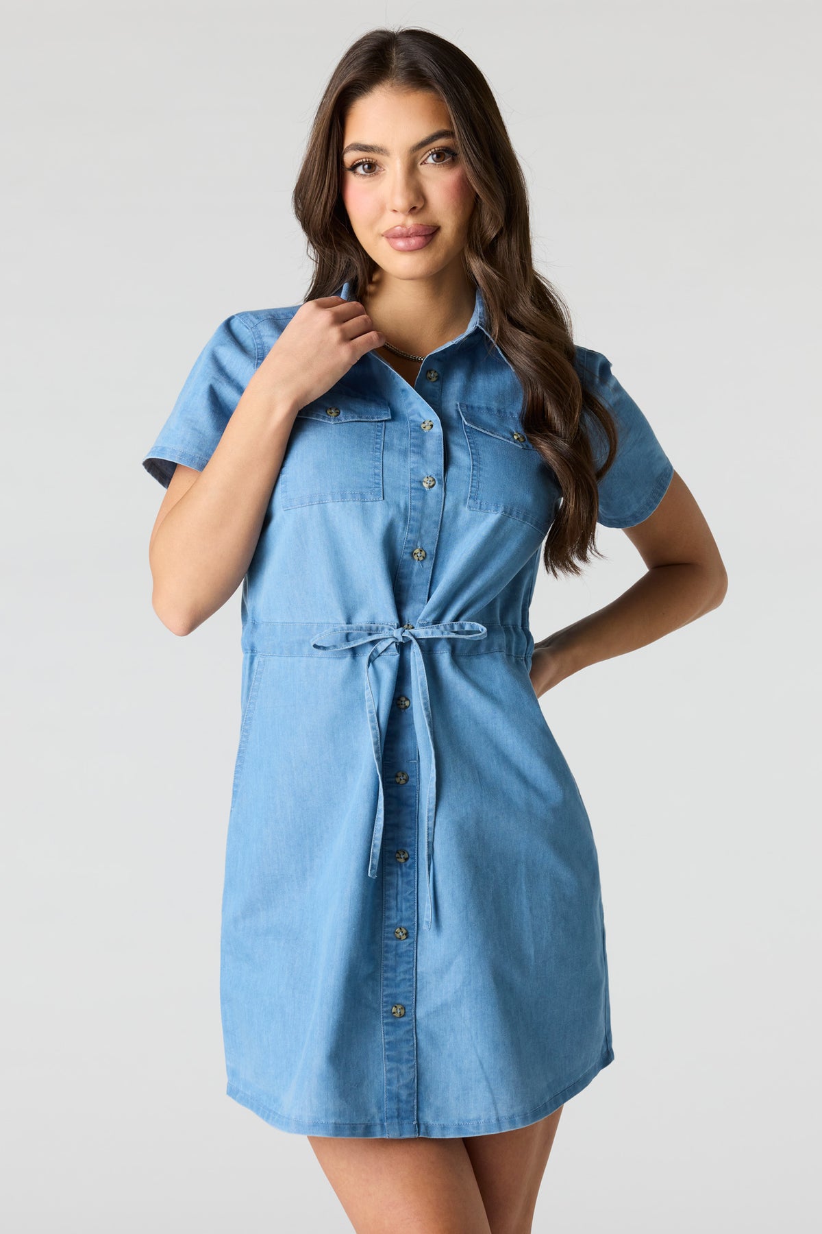 Denim Button Front Mini T-Shirt Dress - Light Denim Blue