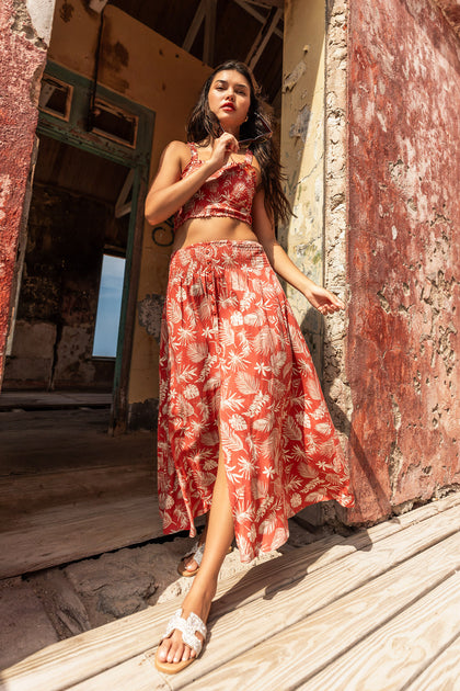Leaf Print Buttoned Maxi Skirt
